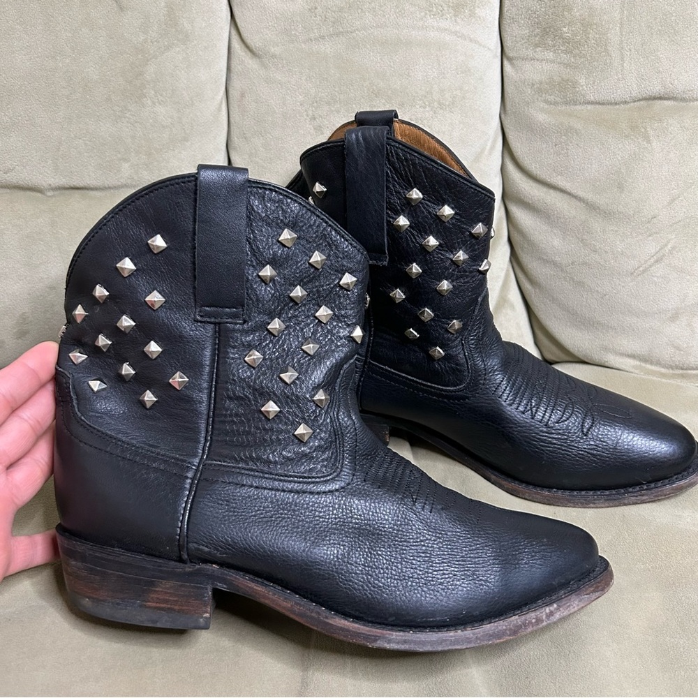 Miz Mooz | Chavita Metal Studded Black Leather Western Ankle Booties, Size 9 40